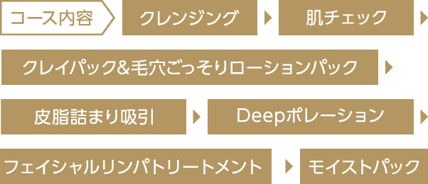 コース内容 クレンジング 肌チェック クレイパック&毛穴ごっそりローションパック 皮脂詰まり吸引 Deepポレーション フェイシャルリンパトリートメント  モイストパック